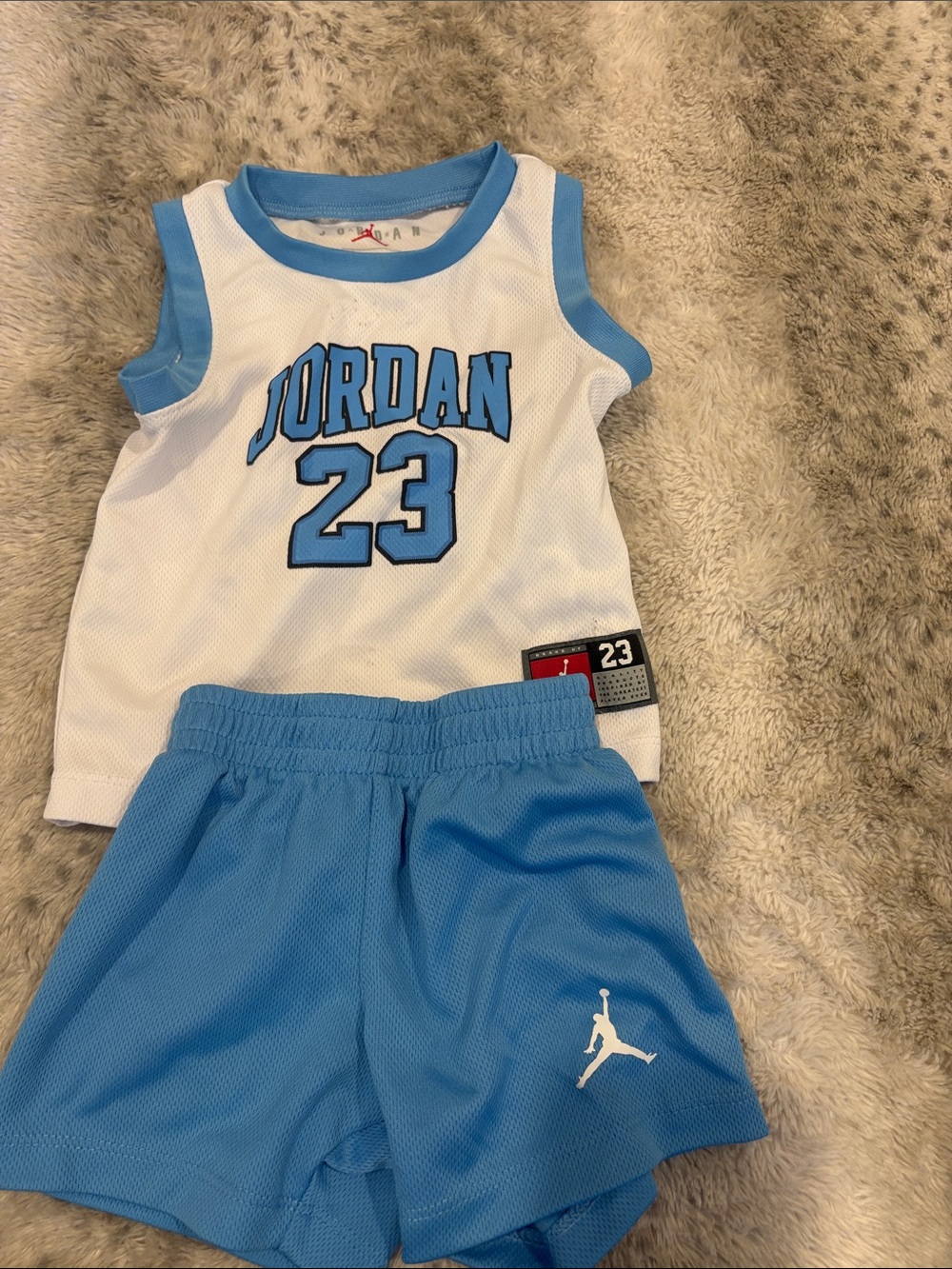 Jordan White and Light Blue '23' Mesh Tank Top & Shorts Set
